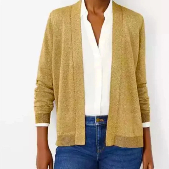 Ann Taylor Sweaters - Ann Taylor Gold Sparkle Metallic Open Front Cardigan Sweater Size L